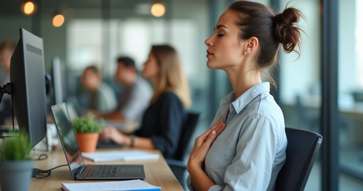 Mulher em estação de trabalho praticando exercício de respiração consciente 