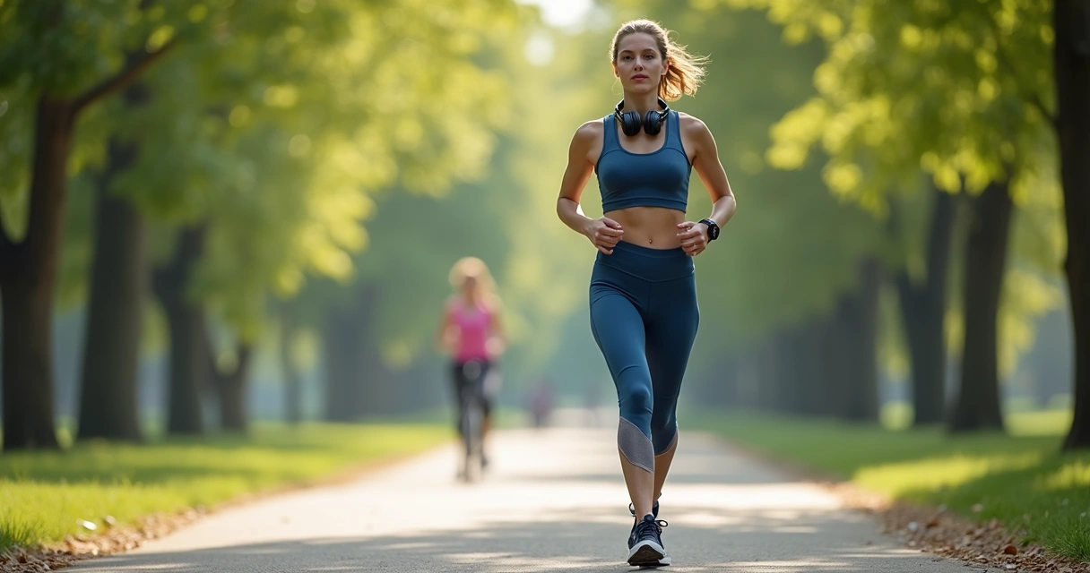Mulher adulta caminhando ao ar livre em parque usando roupa esportiva 