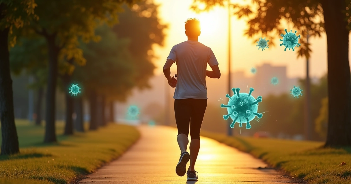 Adulto correndo em parque com ilustração discreta de células do sistema imunológico ao fundo 