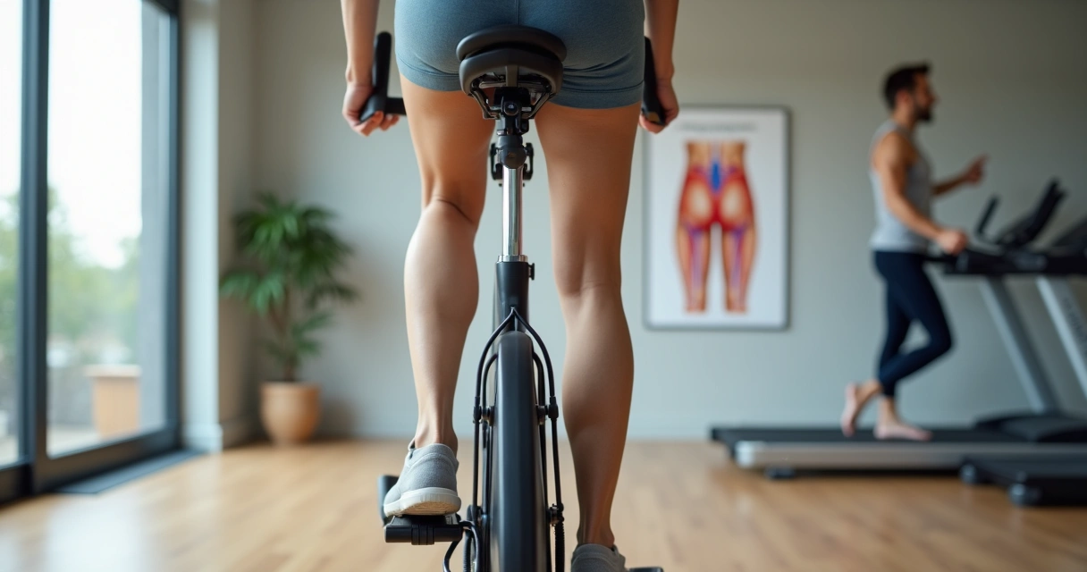 Mulher usando meias de compressão fazendo bicicleta ergométrica em academia clara 