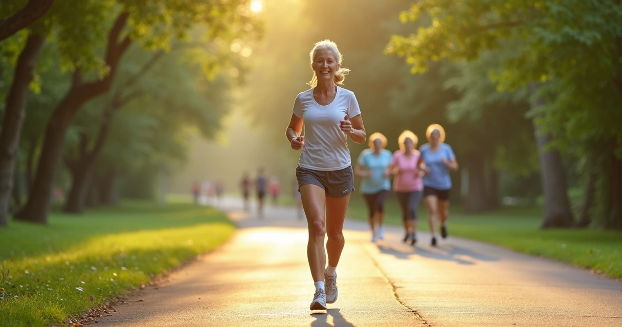 Mulher caminhando em parque usando roupas esportivas, com pernas saudáveis 