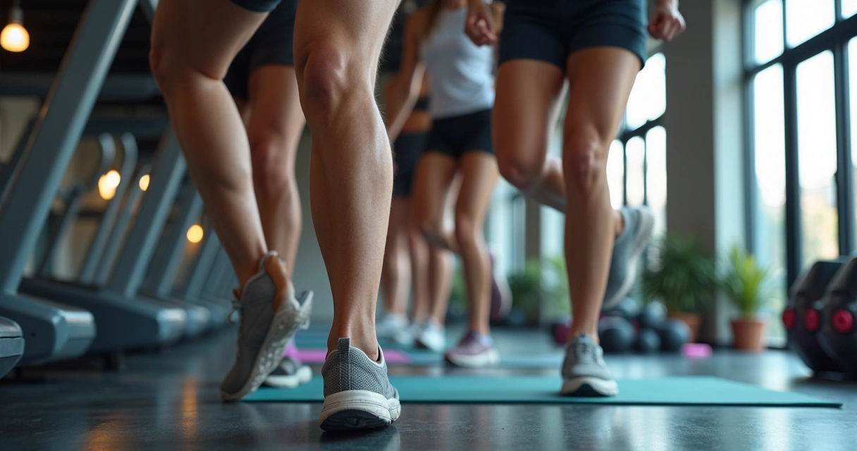 Mulher e homem praticando exercícios aeróbicos em academia, ambos com roupas esportivas, foco nas pernas