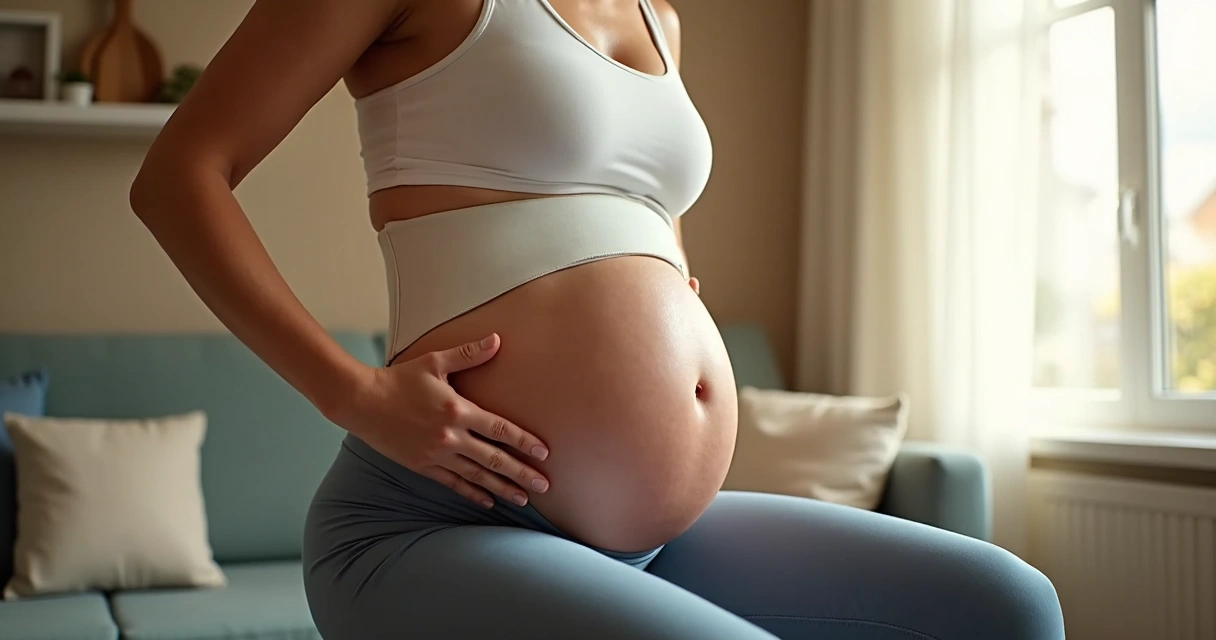 Mulher grávida usando faixa de suporte abdominal em treino leve