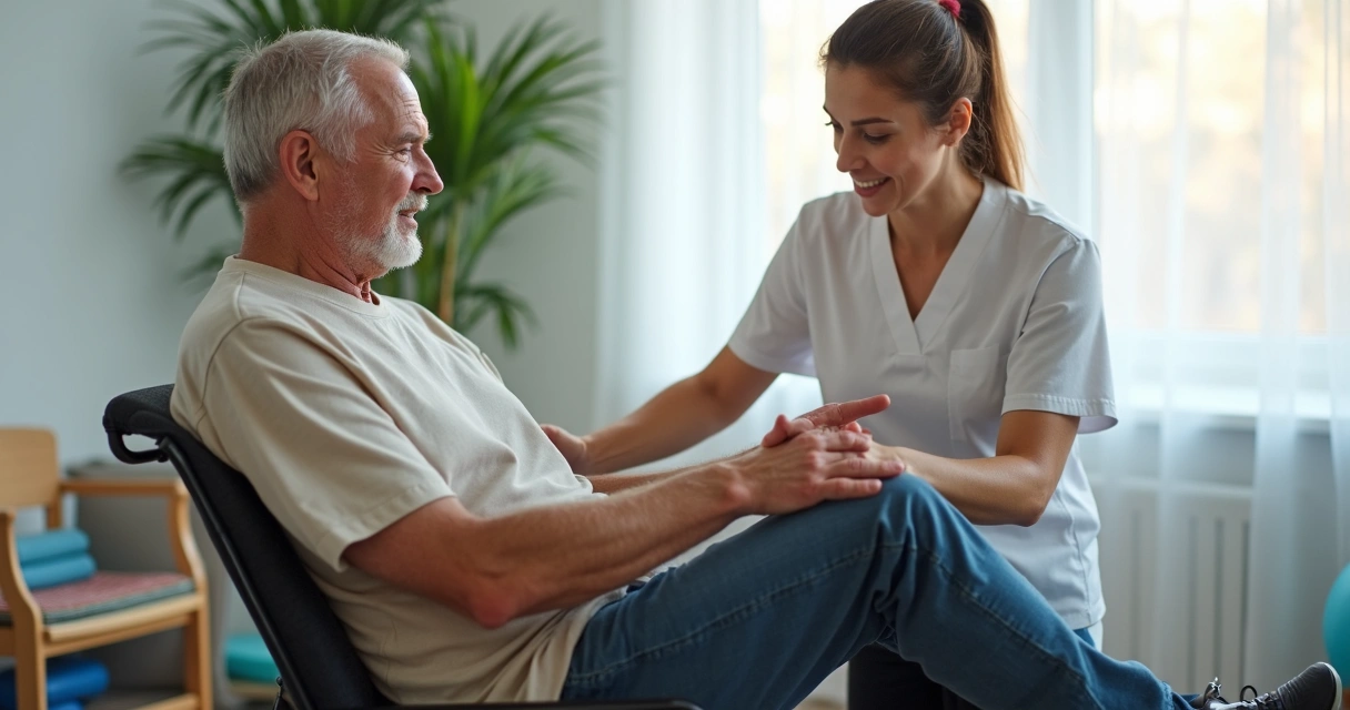 Idoso de camiseta clara fazendo alongamento de perna sentado em cadeira ao lado de uma fisioterapeuta 