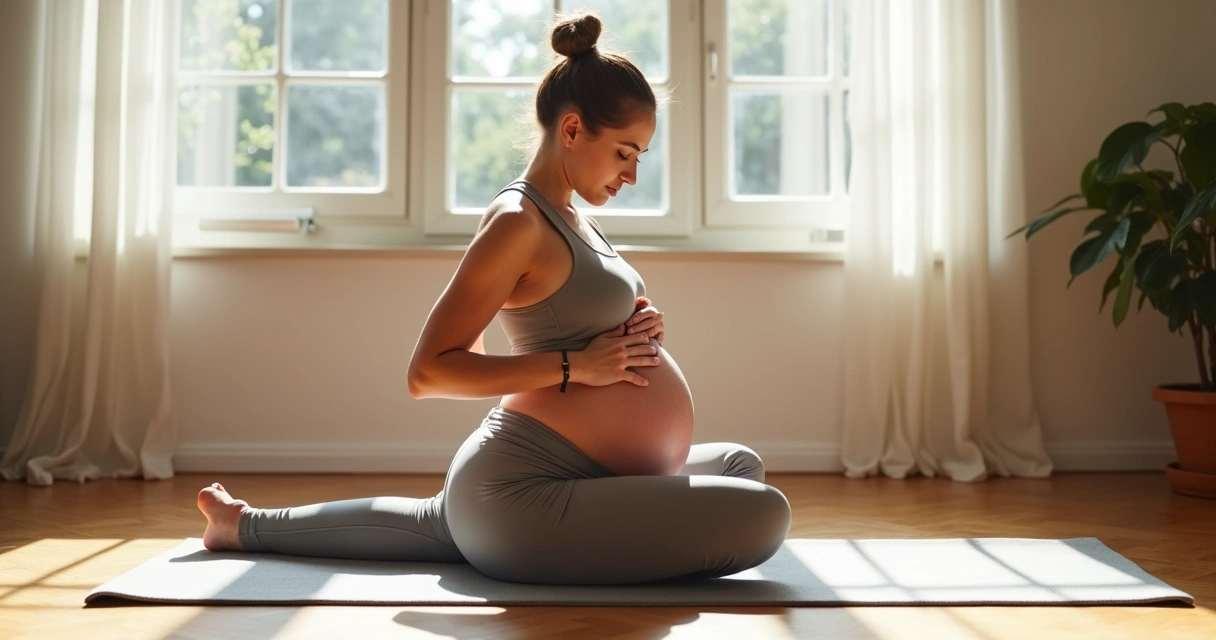Gestante fazendo exercício de assoalho pélvico em tapete de yoga