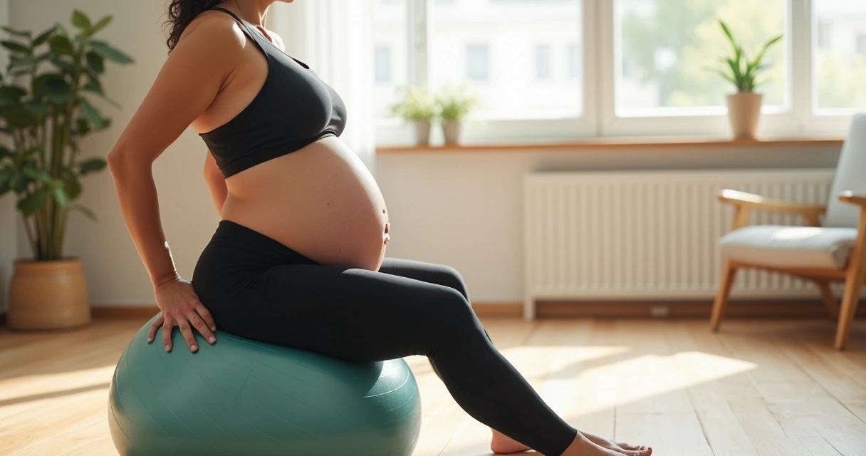 Gestante praticando exercícios com bola suíça 
