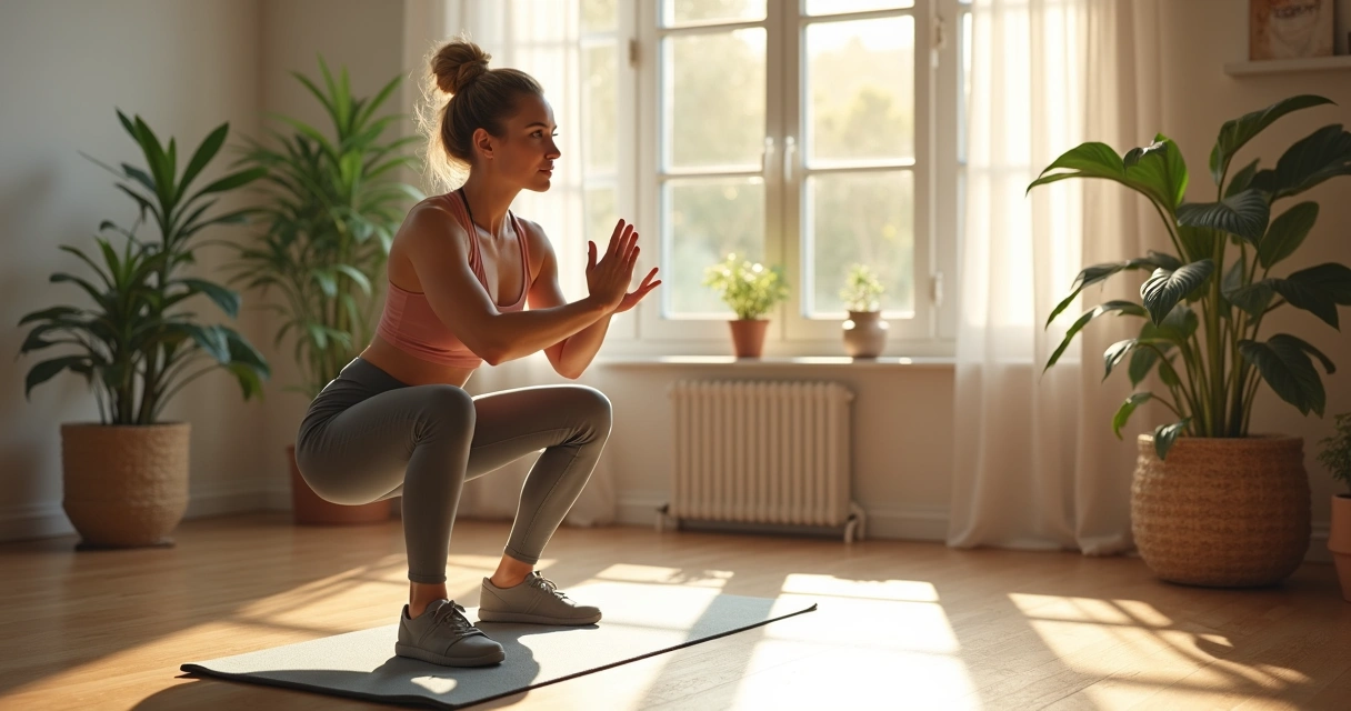 Pessoa fazendo exercícios simples no tapete de casa 
