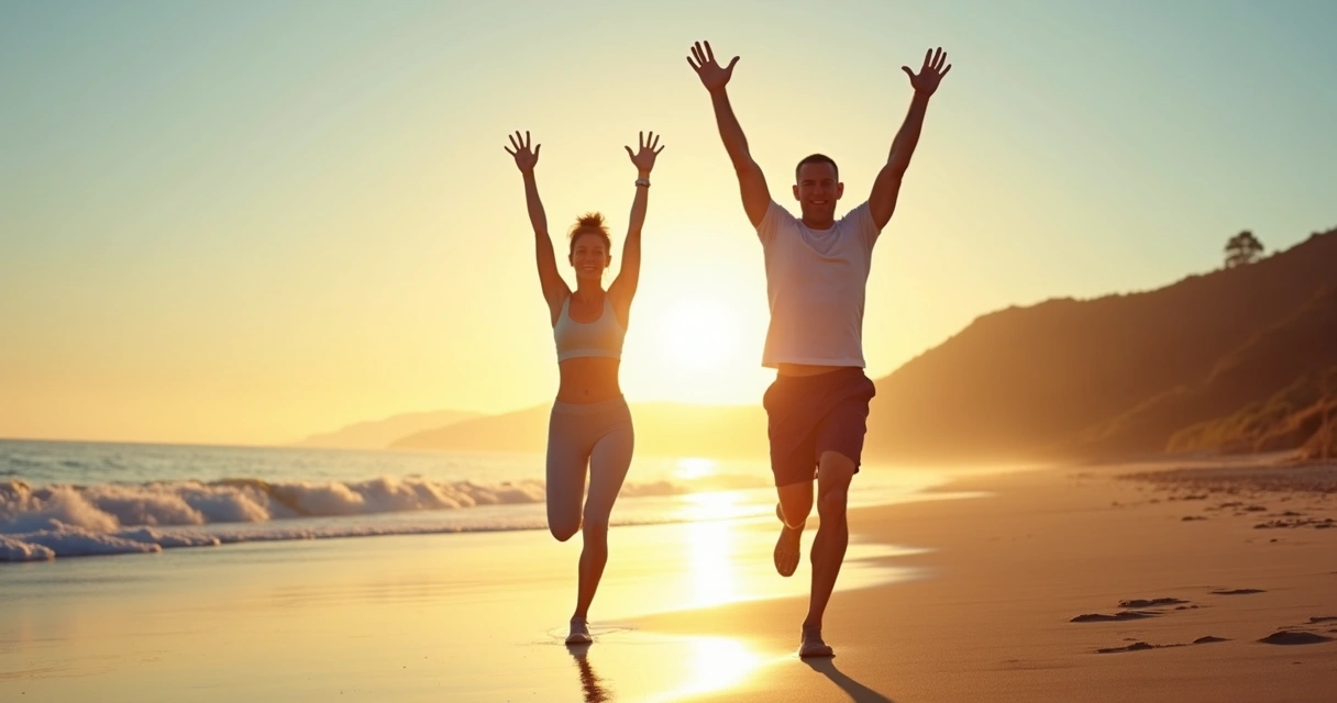 Casal faz exercícios juntos na praia ao amanhecer