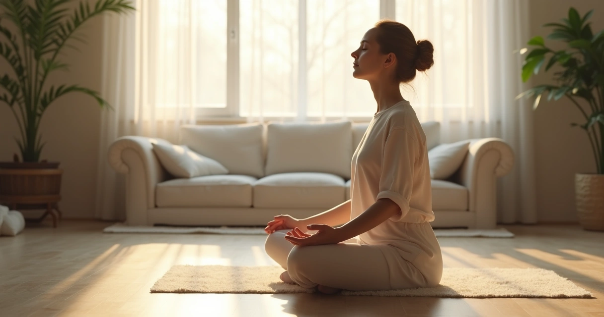 Pessoa sentada relaxando e respirando profundamente em ambiente tranquilo 