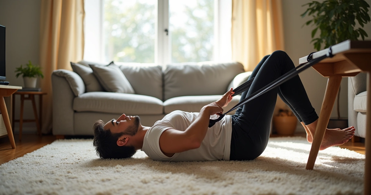 Pessoa realizando exercício de costas no chão de casa