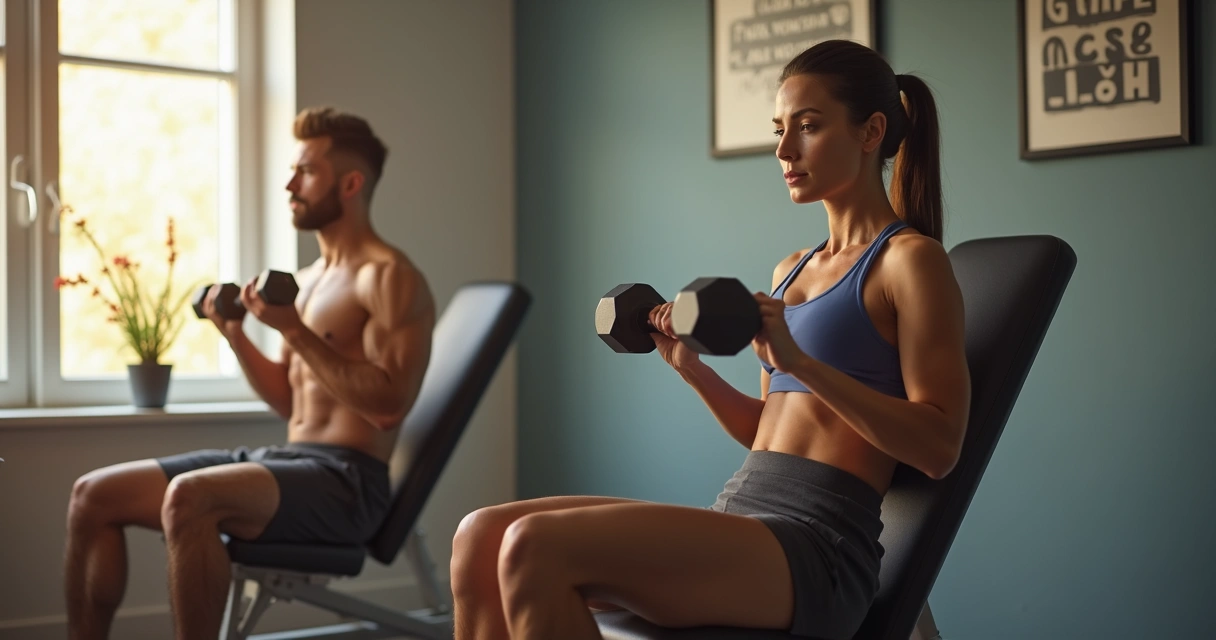 Pessoa fazendo remada unilateral com halteres ao lado de um banco 