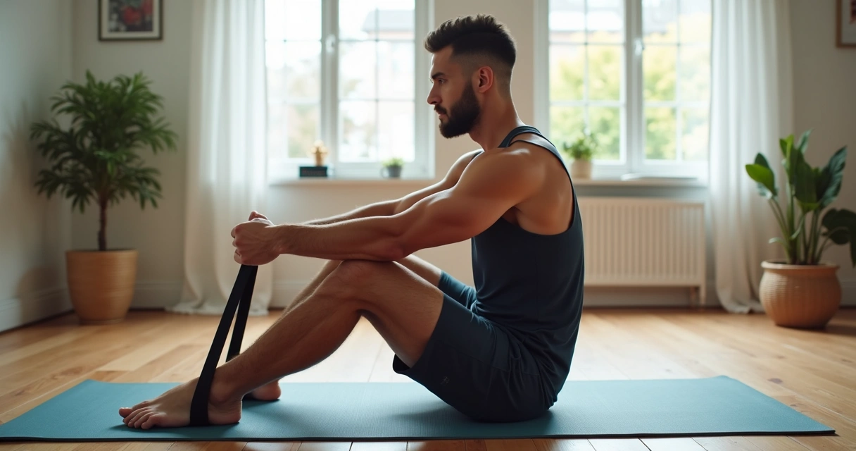 Homem fazendo exercício de fortalecimento para joelho, usando faixa elástica sentado em colchonete, ambiente iluminado por luz natural