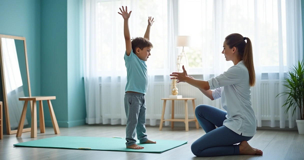 Criança fazendo exercício postural com supervisão de fisioterapeuta 