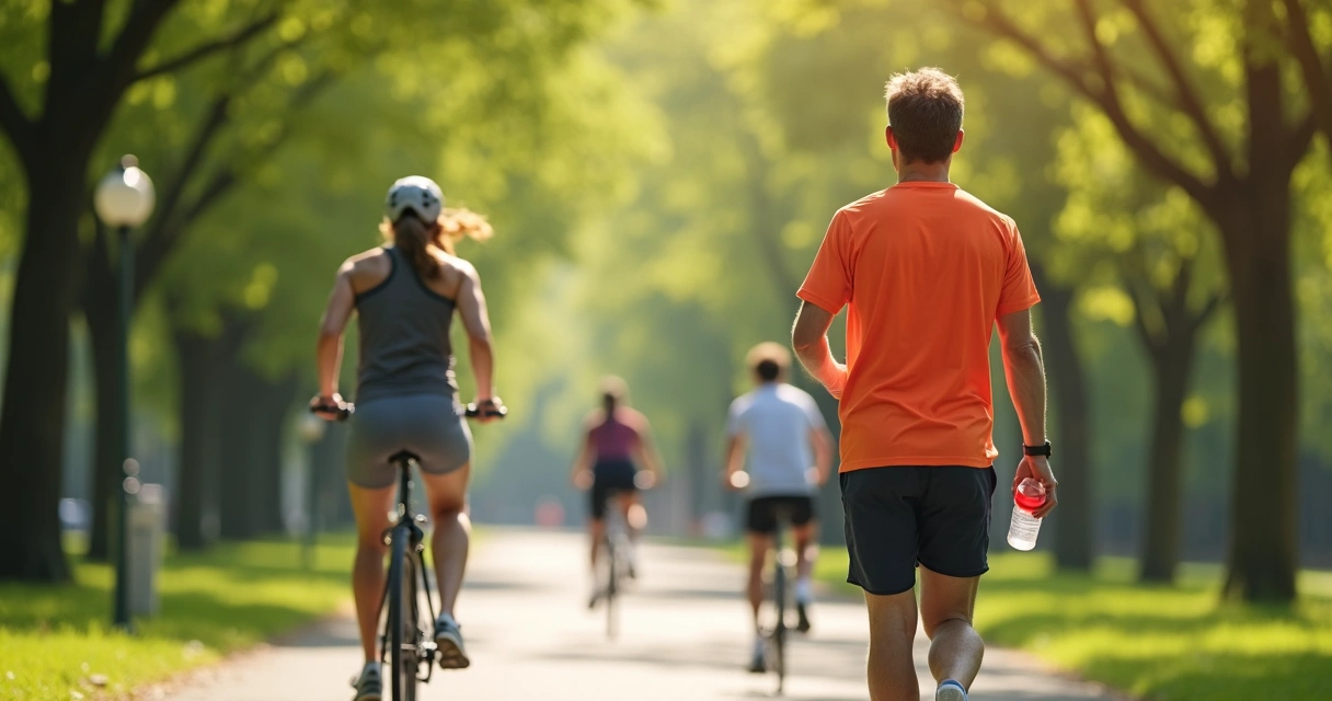 Pessoa caminhando em parque com roupas esportivas 