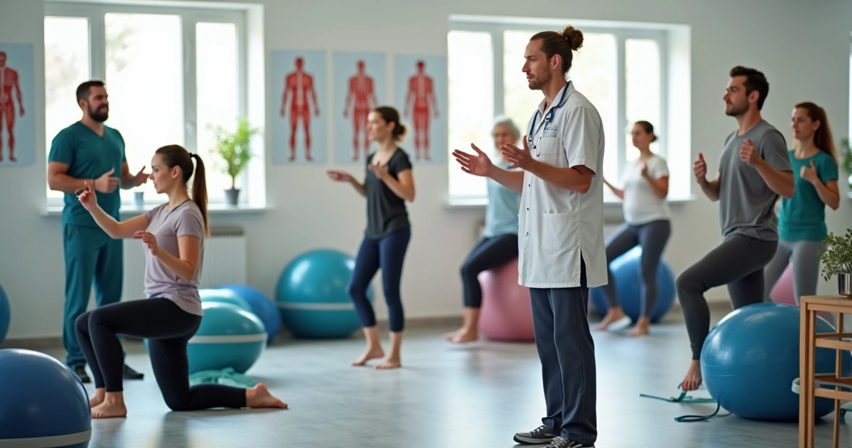 Grupo faz exercícios com fisioterapeuta em clínica para dor crônica 