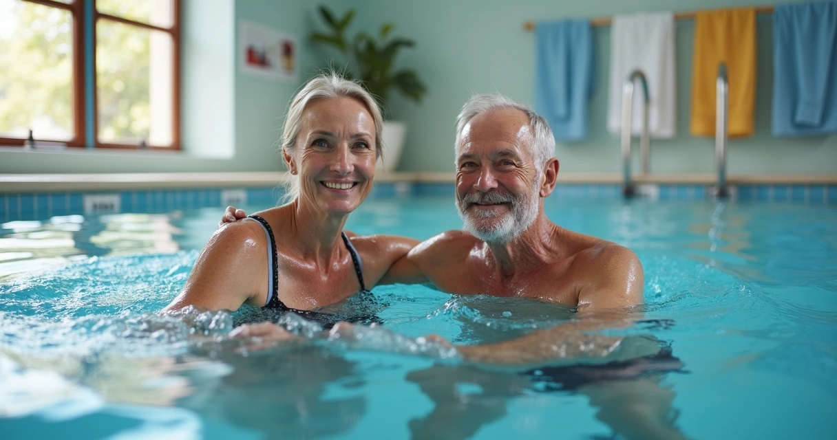 Idoso acompanhado de fisioterapeuta em piscina realizando exercícios aquáticos 