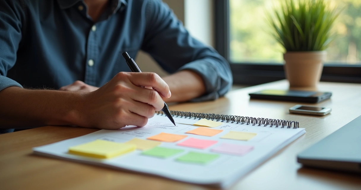 Homem sentado em mesa de trabalho organizando tarefas com agenda, celular repousando ao lado, ambiente sóbrio e luz natural