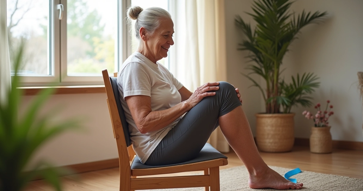 Senhora fazendo exercícios leves para joelho sentada em casa 