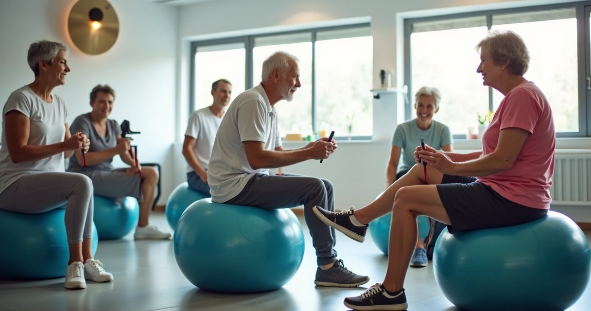 Grupo de idosos fazendo exercício de fortalecimento de joelho sentado 
