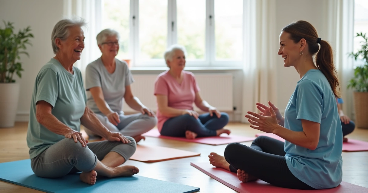 Idosos realizando exercícios funcionais em grupo com profissional acompanhando de perto 