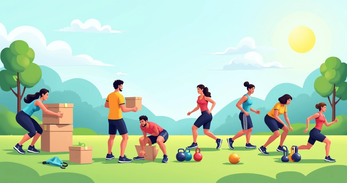 Grupo diversificado praticando exercícios funcionais em um parque ensolarado, mostrando agilidade e vitalidade.