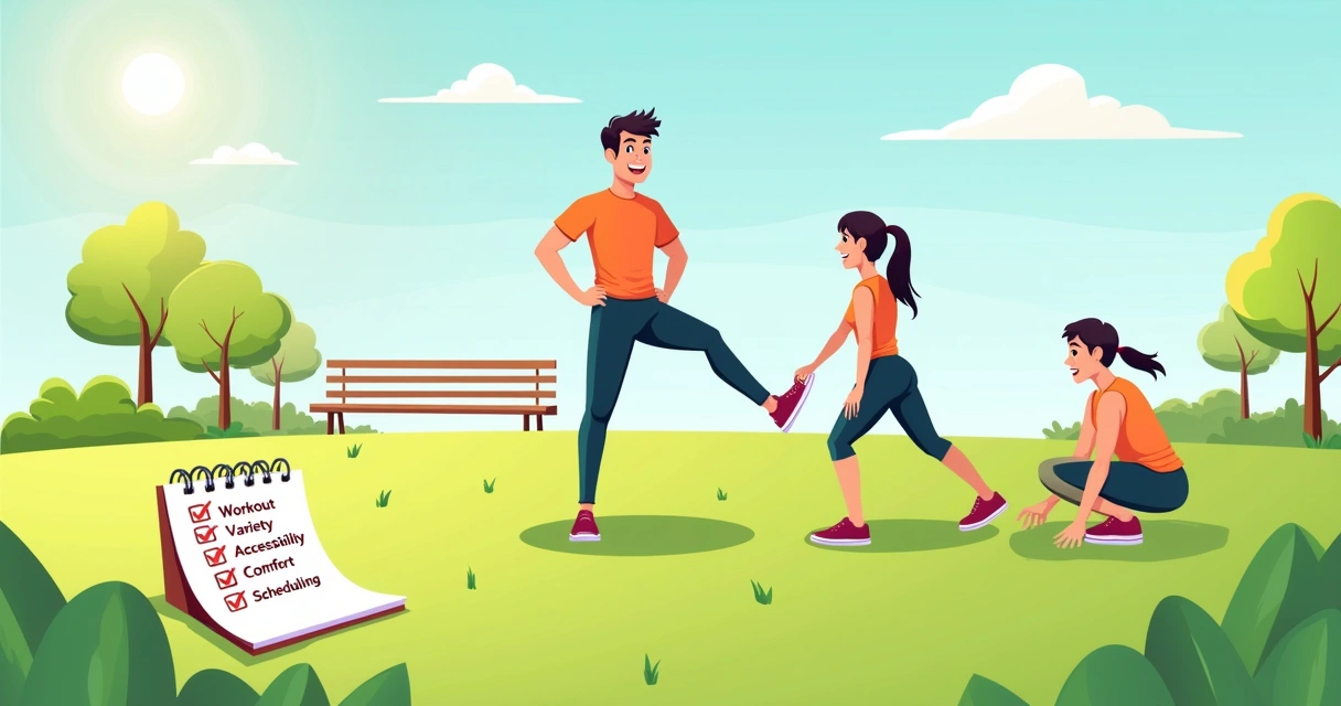 Ilustração de uma pessoa em parque realizando exercícios funcionais como agachamentos e flexões.
