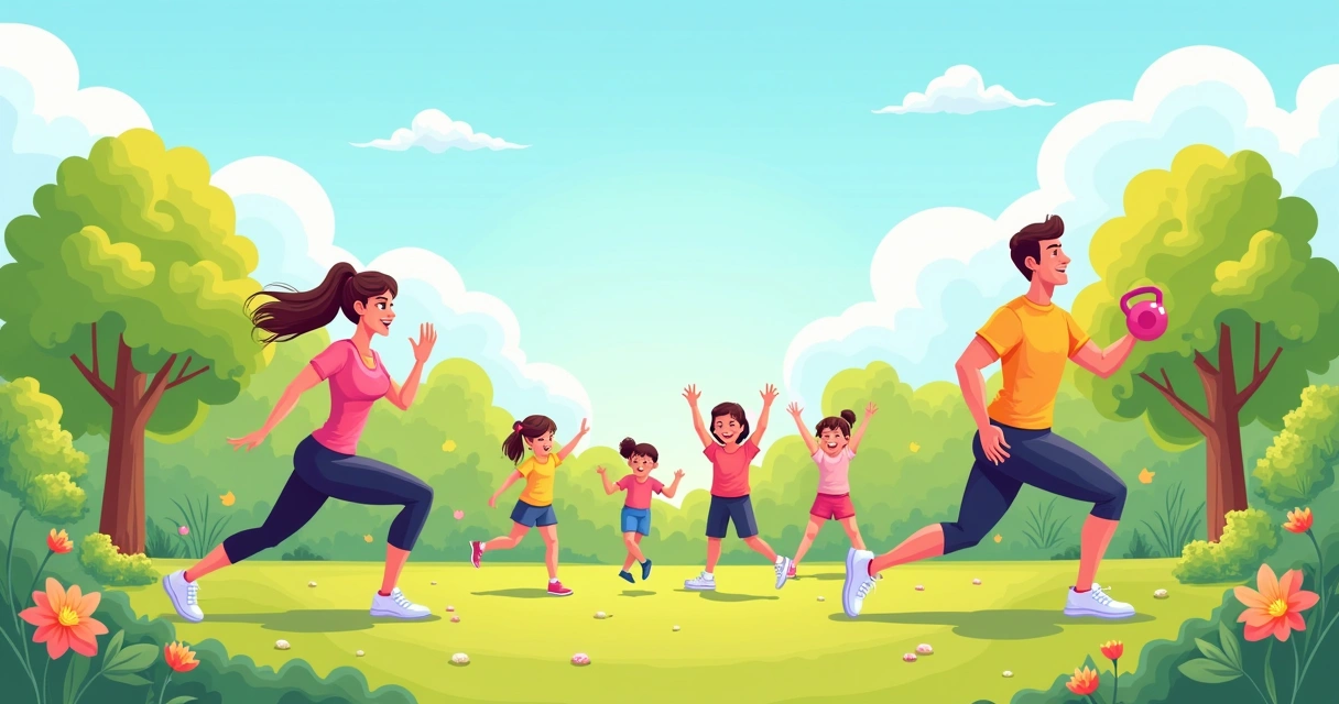 Grupo diverso realizando exercícios funcionais em um parque ensolarado, representando bem-estar e saúde.