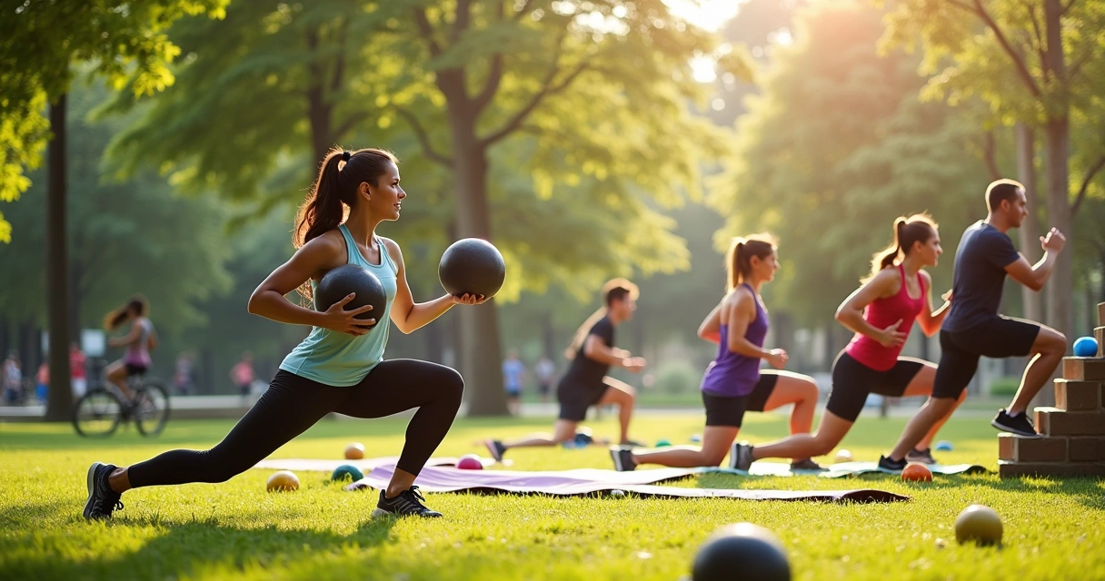 Grupo diversificado fazendo exercícios funcionais em um parque ensolarado, destacando força e flexibilidade.