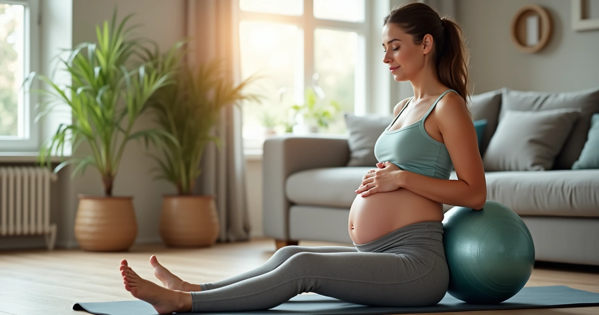 Gestante faz exercício suave com bola de pilates 