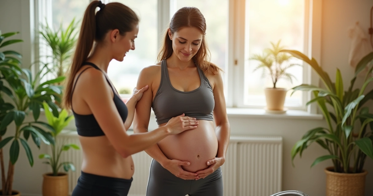 Gestante praticando exercícios físicos com personal trainer 