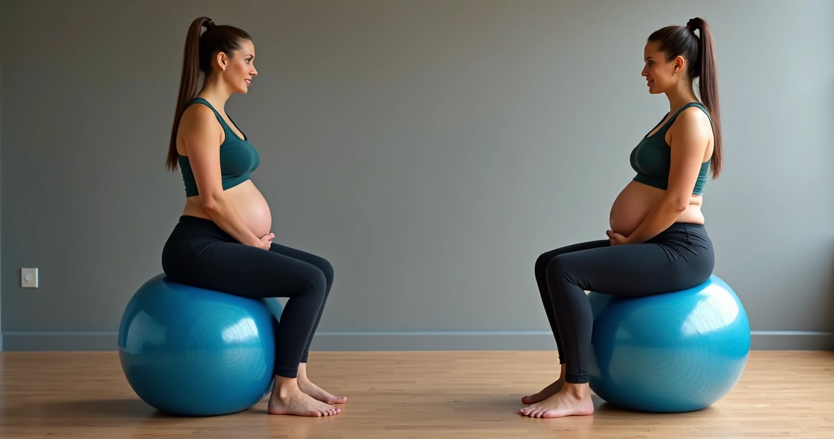 Gestante faz círculos pélvicos sentada em bola de pilates 