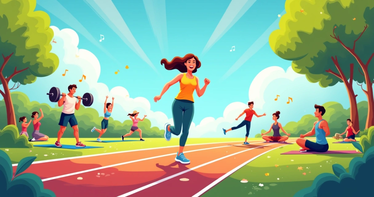 Grupo diverso praticando exercícios ao ar livre, incluindo corrida, musculação, yoga e dança, em um cenário alegre.