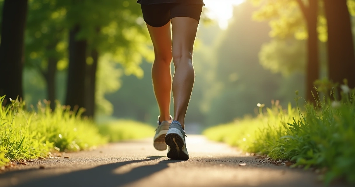 Pessoa caminhando em um parque arborizado, foco nas pernas e tênis, com luz natural suave 