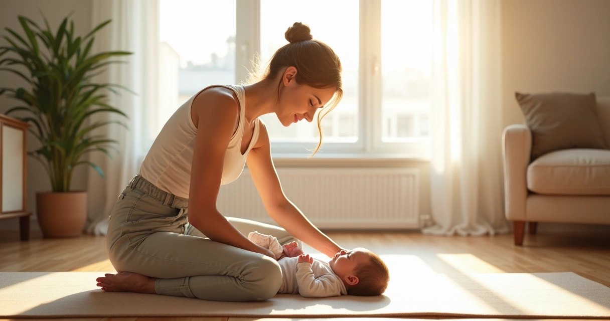 Mulher faz exercícios leves em casa após parto, com tapete de yoga e bebê ao lado 