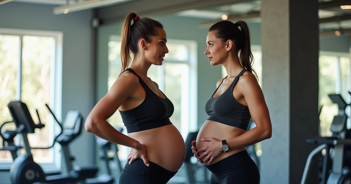 Gestante conversando com personal trainer em estúdio de ginástica