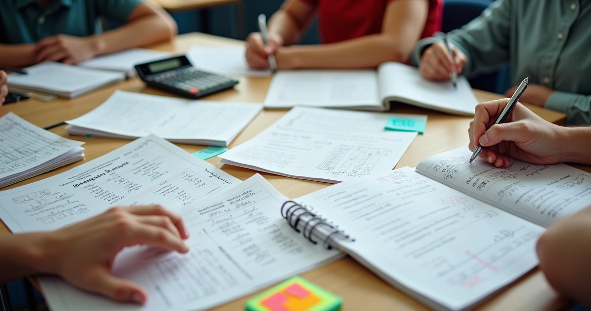 Mesa com provas, cadernos abertos e diferentes tipos de questões de exatas. 