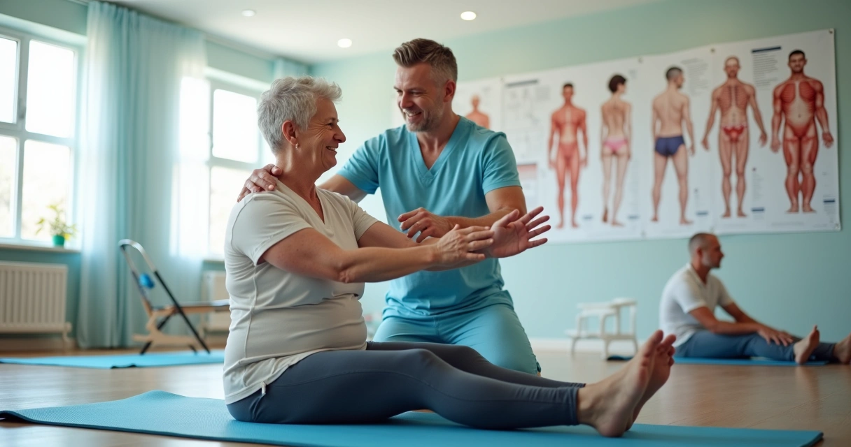 Paciente realizando exercícios de reabilitação para dor crônica.