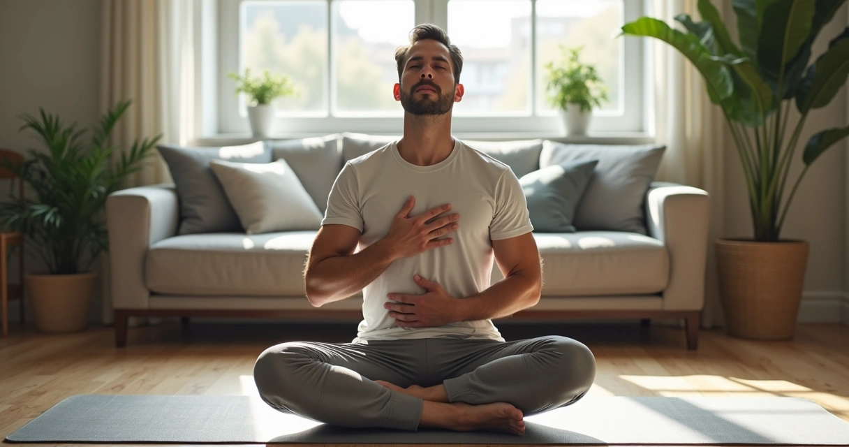 Homem fazendo exercício de respiração sentado em tapete de yoga em casa
