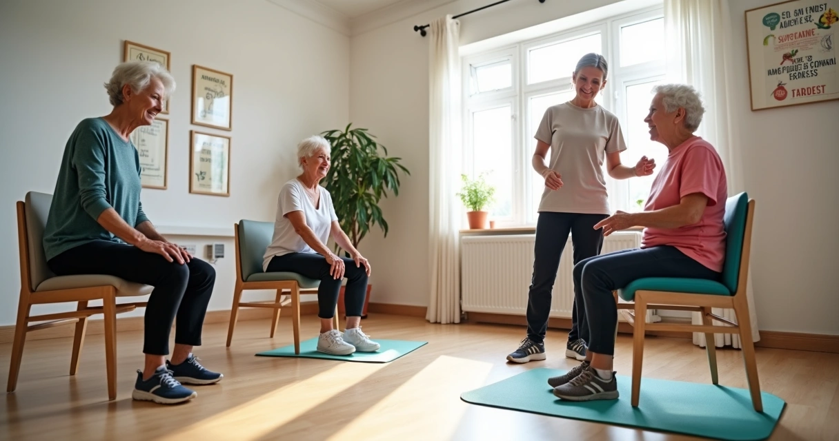 Idosos praticando exercícios de fortalecimento de joelho em ambiente interno com instrutor 