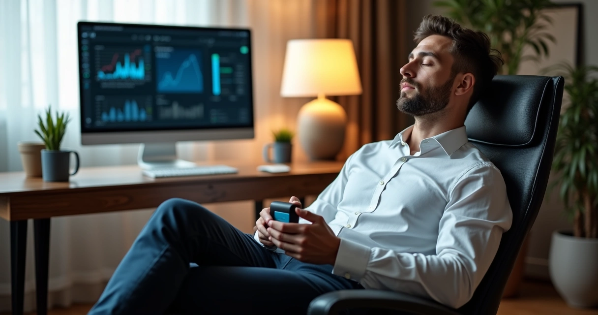 Homem sentado, praticando exercícios terapêuticos com fones biofeedback, tela de computador exibindo gráficos de controle corporal. 