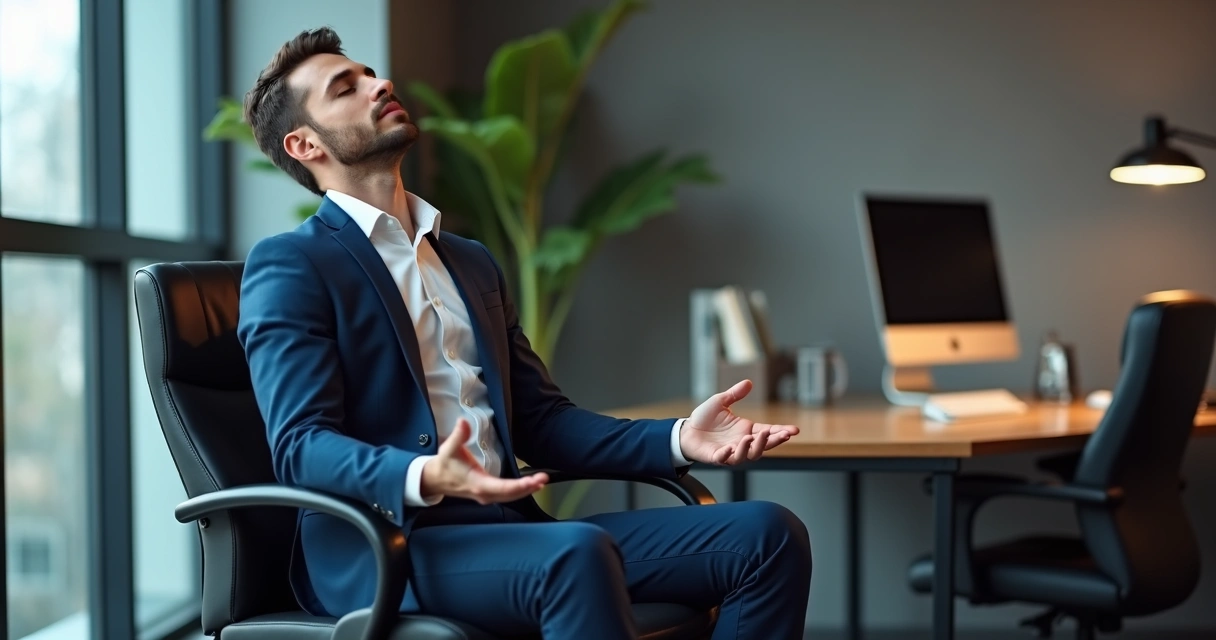 Homem sentado em cadeira de escritório realizando exercício discreto de respiração consciente 