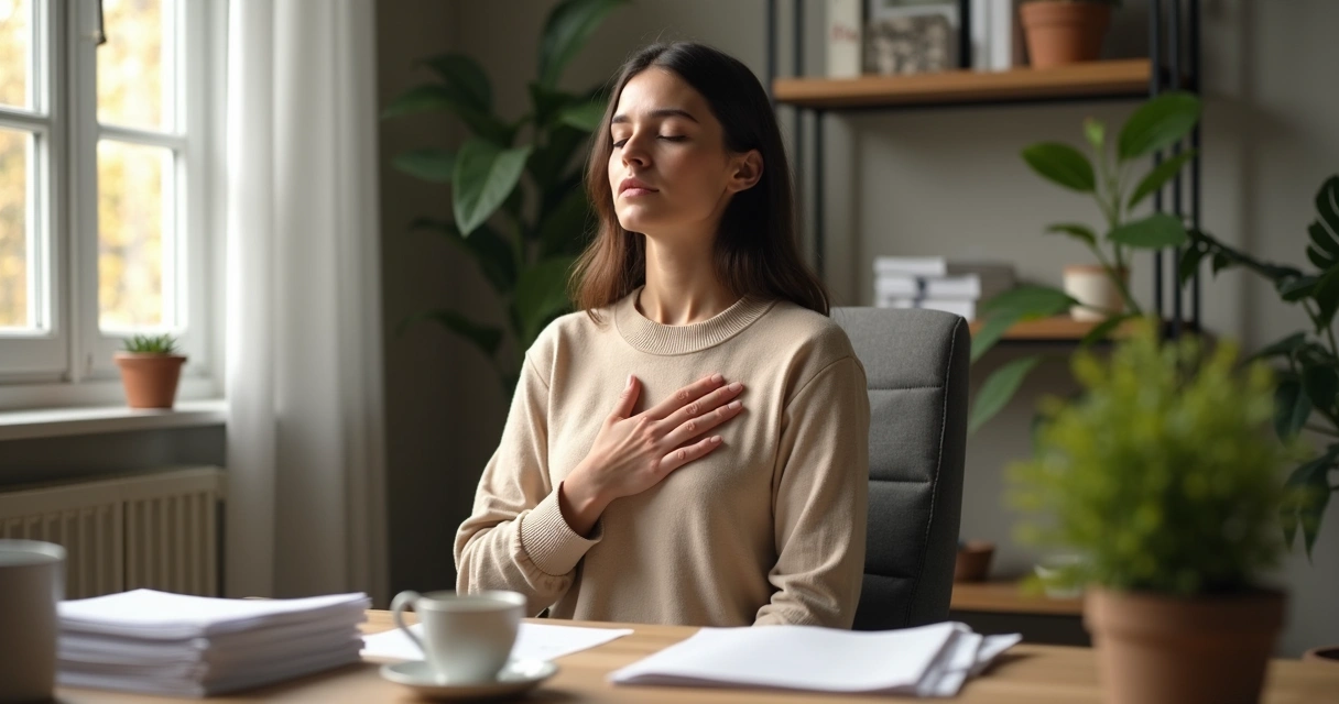 Pessoa praticando respiração consciente sentada em cadeira de escritório com postura relaxada