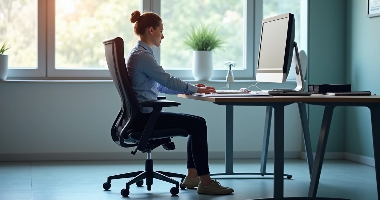 Pessoa fazendo movimentos com os pés sob a mesa no escritório