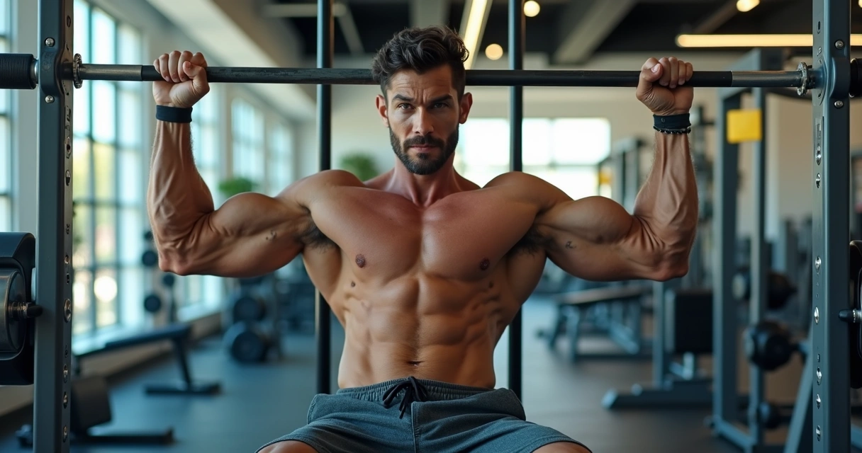 Homem realizando exercício de tríceps com barra em academia bem iluminada 