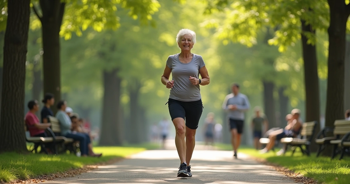 Senhora praticando caminhada em parque com roupa esportiva 