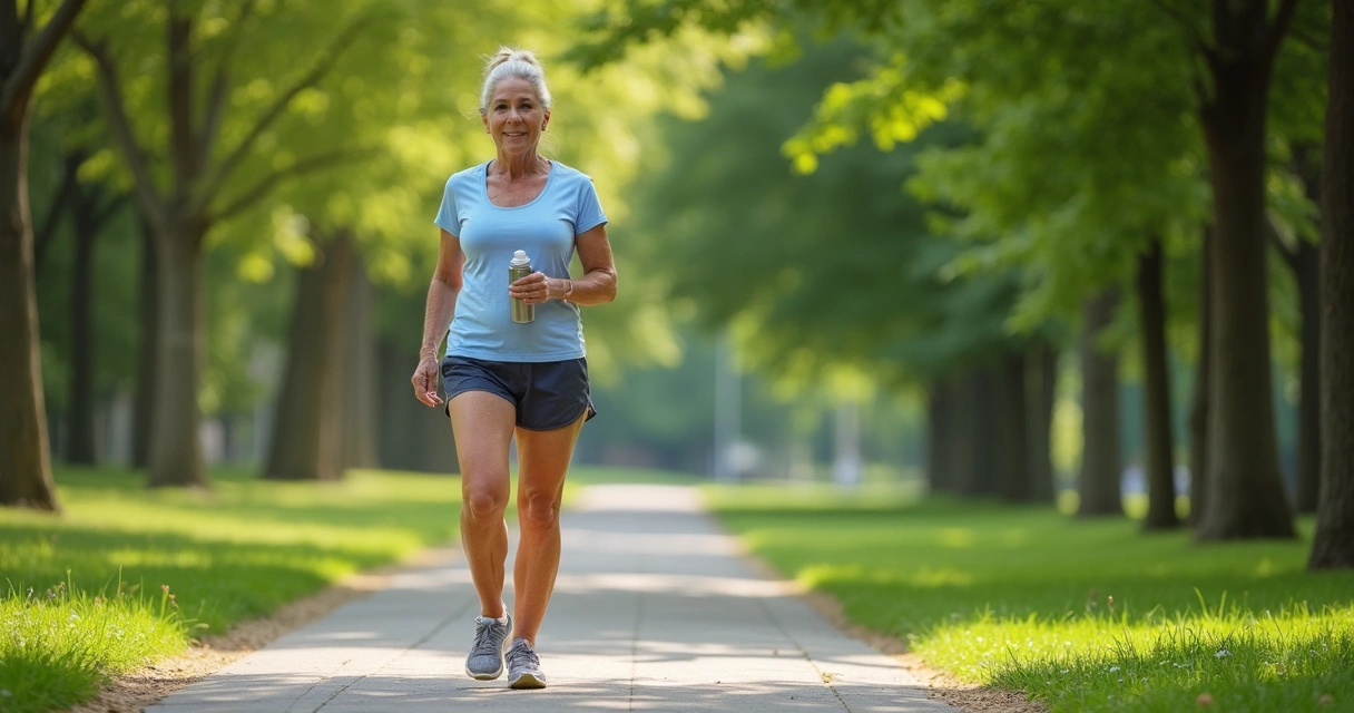 Mulher praticando caminhadas em parque com solo plano e sombras ao fundo