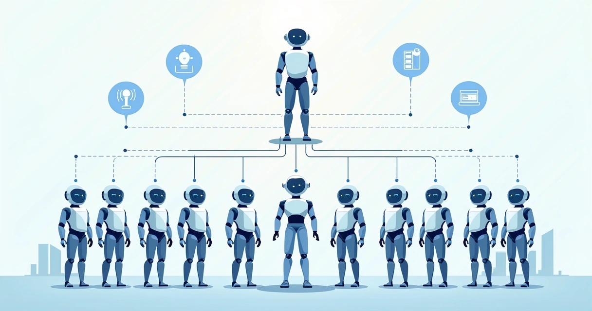 Ilustração corporativa plana de um exército de agentes de IA organizados em hierarquia comunicando-se entre si com linhas conectando-os, representando integração e colaboração 
