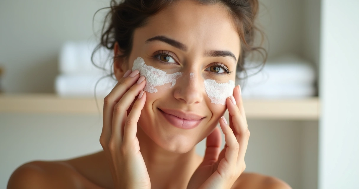 Mujer exfoliando su rostro con movimientos circulares 