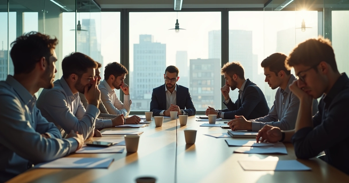 Team sitting at a meeting table looking tired and disengaged