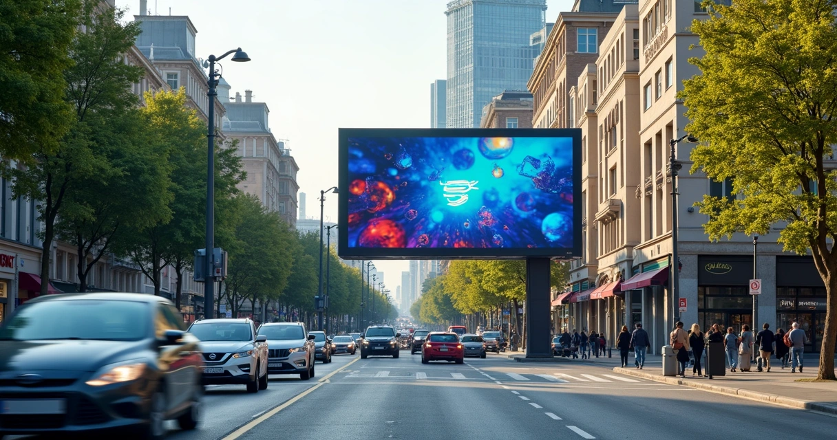 Anúncio em painel de LED moderno ao lado de avenida movimentada 